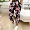 Summer Ladies Freehand Flowers Printed Sweatpants Loose Fit Drawstring Joggers Elastic Cuff Daily Casual Pants