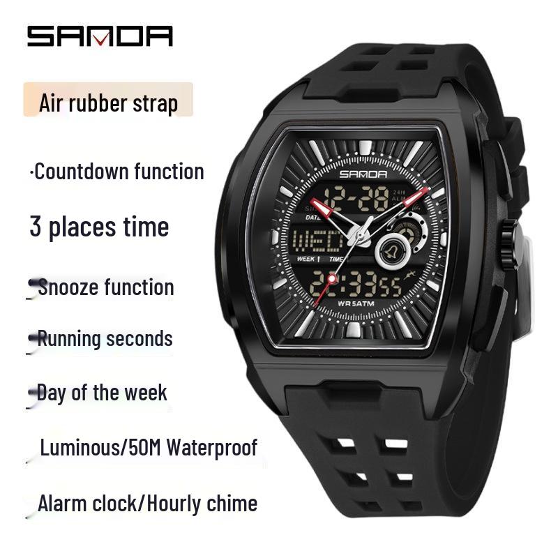 Sanda Men's Sports Barrel-Shaped Luminous Countdown Watch with Triple Time Zone and Dual Display, Waterproof Design.