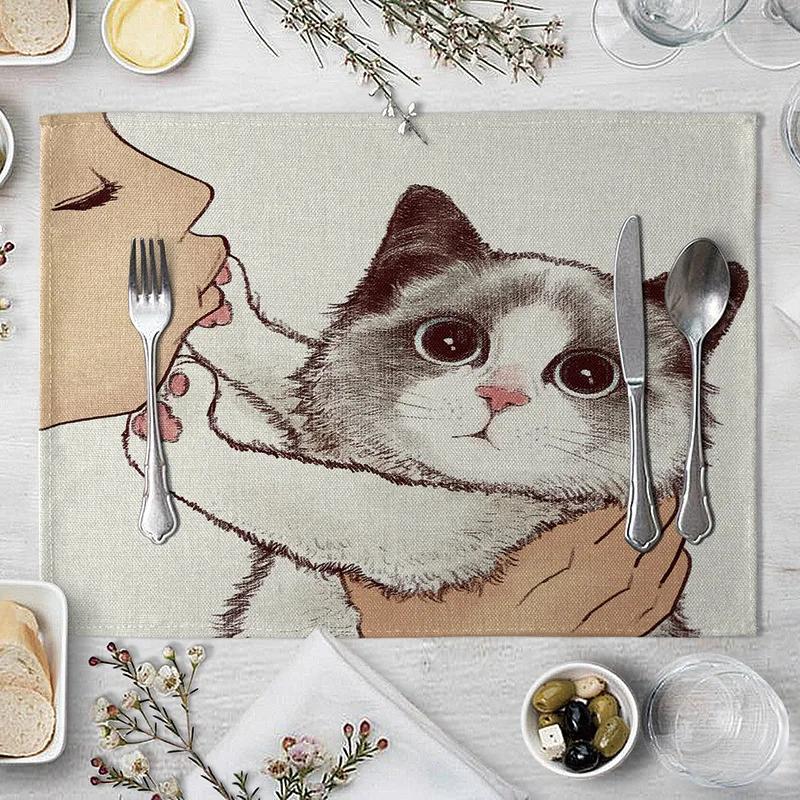 40x30cm Linen Cat Print Table Mat Cute Cat Cartoon Animal Pattern Placemats For Children Kids Kitchen Dining Place Mats Pads