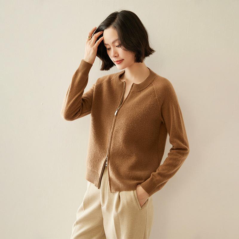 Women's Cashmere Zip Cardigan: Autumn/Winter 2025, Solid Color, Korean Style, Loose Fit, Slimming Round Neck