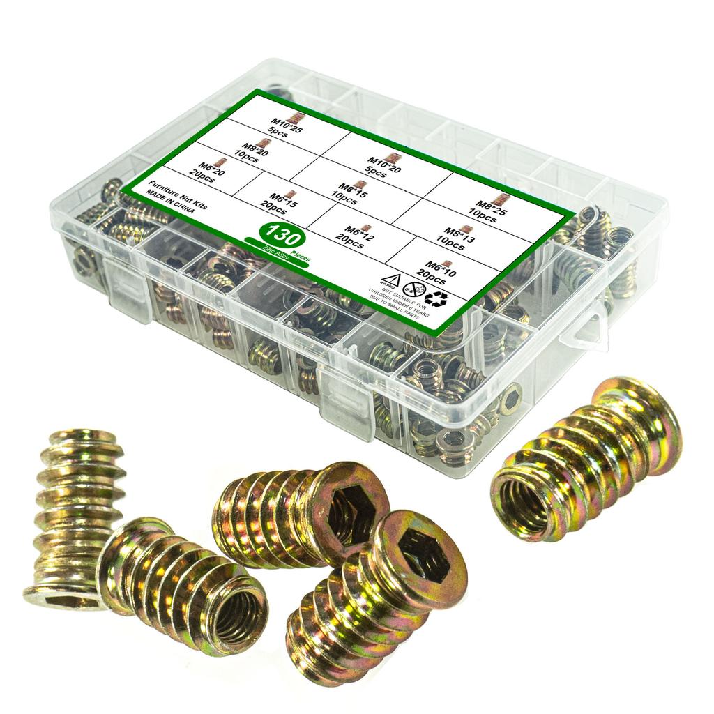 130 Buc. Culoare Fier Zinc Cap Înfundat cu Inserție Hexagon Interior Set Piulițe cu Dinți Interiori și Exteriori Legătură Dulap Set Piulițe Încastrate