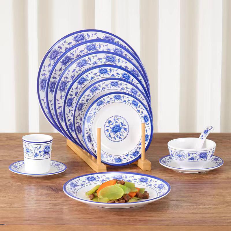Plato redondo de melamina azul y blanca - Imitación de porcelana gruesa, ideal para salteados, arroz y uso en restaurantes.
