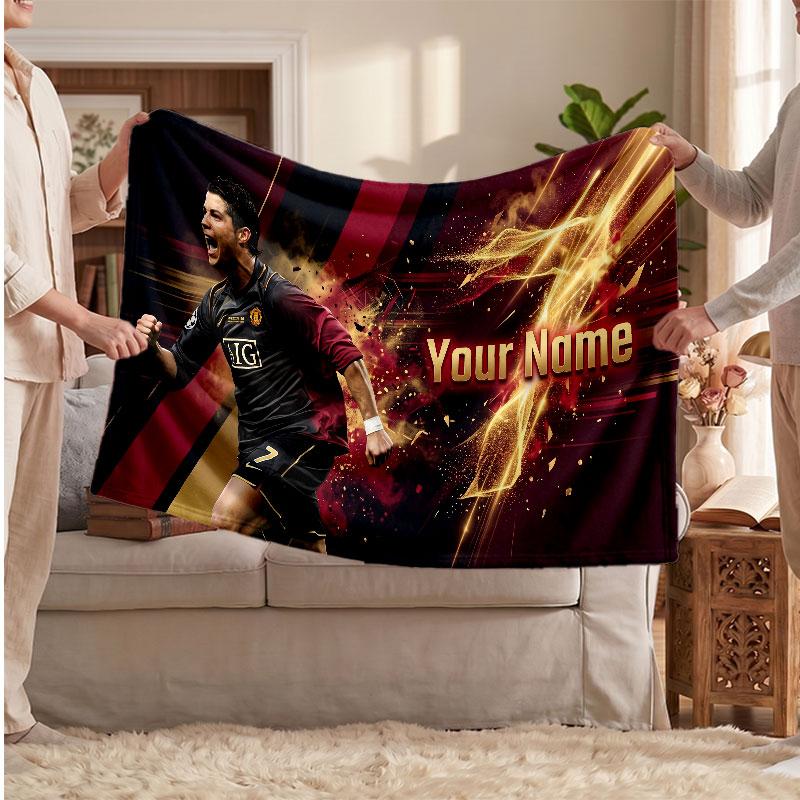 Personalisierte Fleece-Decke Cristiano Ronaldo mit Fußball-Logo, Individueller Name Text Weich Warm Home Überwurfdecke