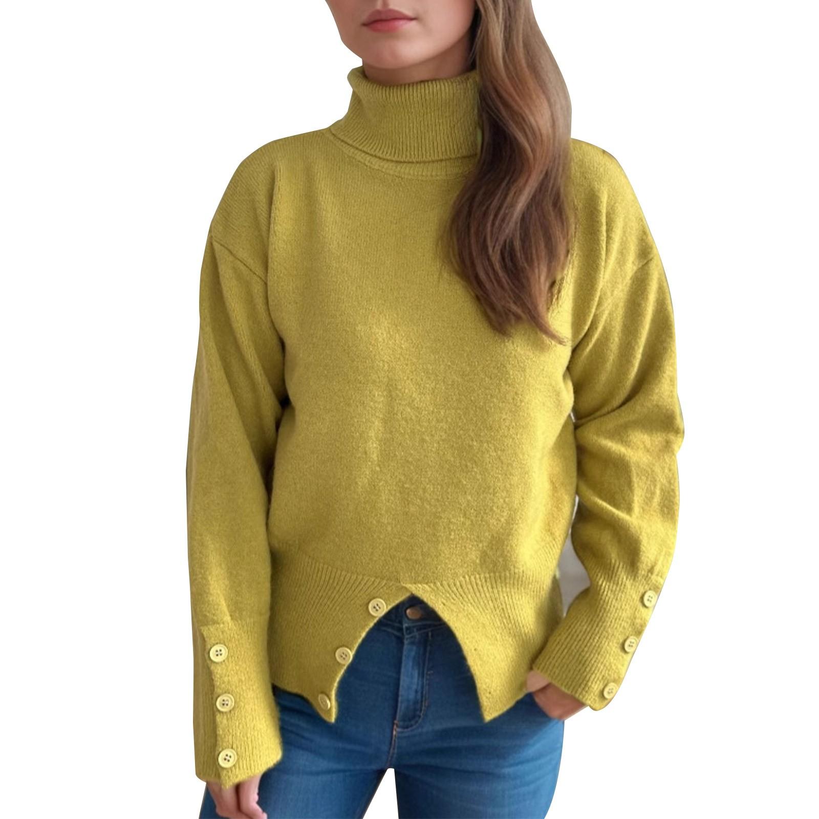 

Женский однотонный свитер с высоким воротом и разрезом на пуговицах, приталенный теплый пуловер S жёлтый