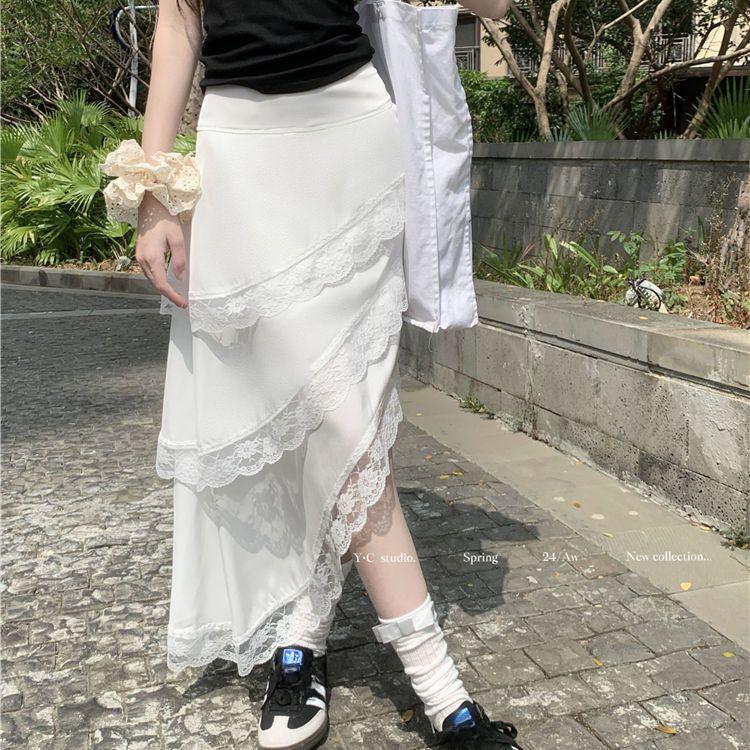 White Lace Trim Midi Skirt for Women - Summer Asymmetric Hem Tiered Cake Skirt with Ruffle Details