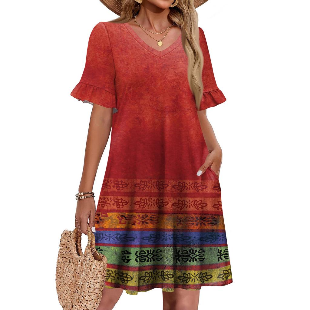 Damen A-Linie Sommerkleid Kurzarm V-Ausschnitt Bedrucktes Kleid Mit Taschen