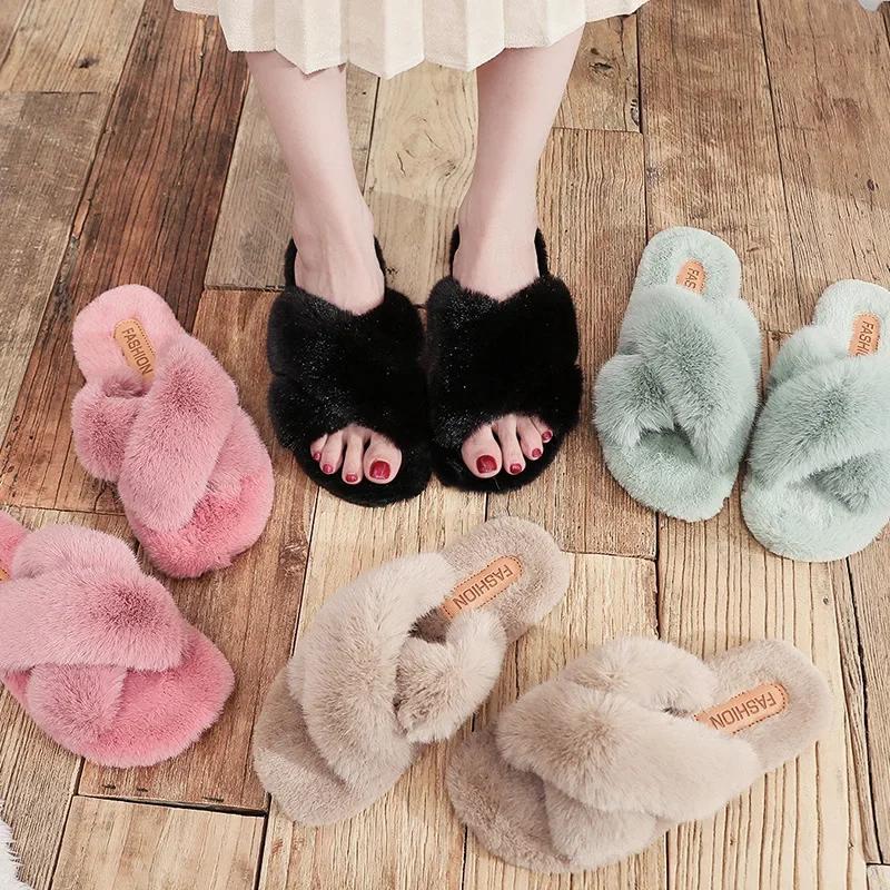 Women Warm Fluffy Slippers Cozy Faux Fur Cross Indoor Floor Slides Flat Soft Furry Ladies Female Celebrities Flip Flops