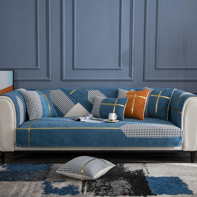 

Роскошный клетчатый чехол для дивана из синели L-образной формы, бархатный чехол для дивана, защита для мебели, подлокотник, кресло, полотенце серого цвета Cushion cover45x45cm синий