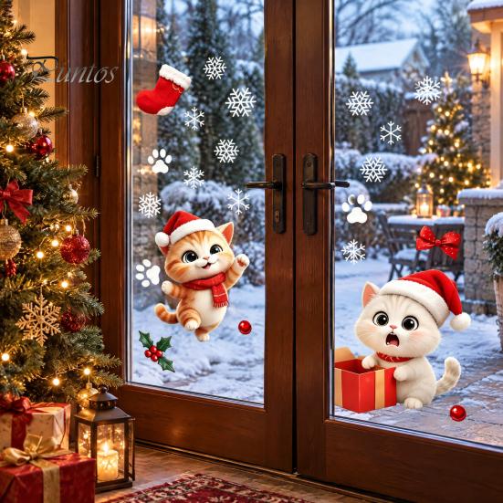 Creative Christmas Gift for Kids Cute Cat Static Glass Sticker, Waterproof PVC Window Decal Holiday Decoration, Home Decor Ornaments Removable