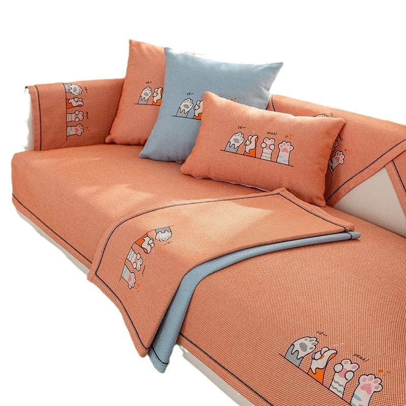 Cotton Linen Sofa Mat Universal Year-round Anti Slip Wear-resistant Settee Towel Cartoon Cat Paw Print Sofa Cover Pillowcase