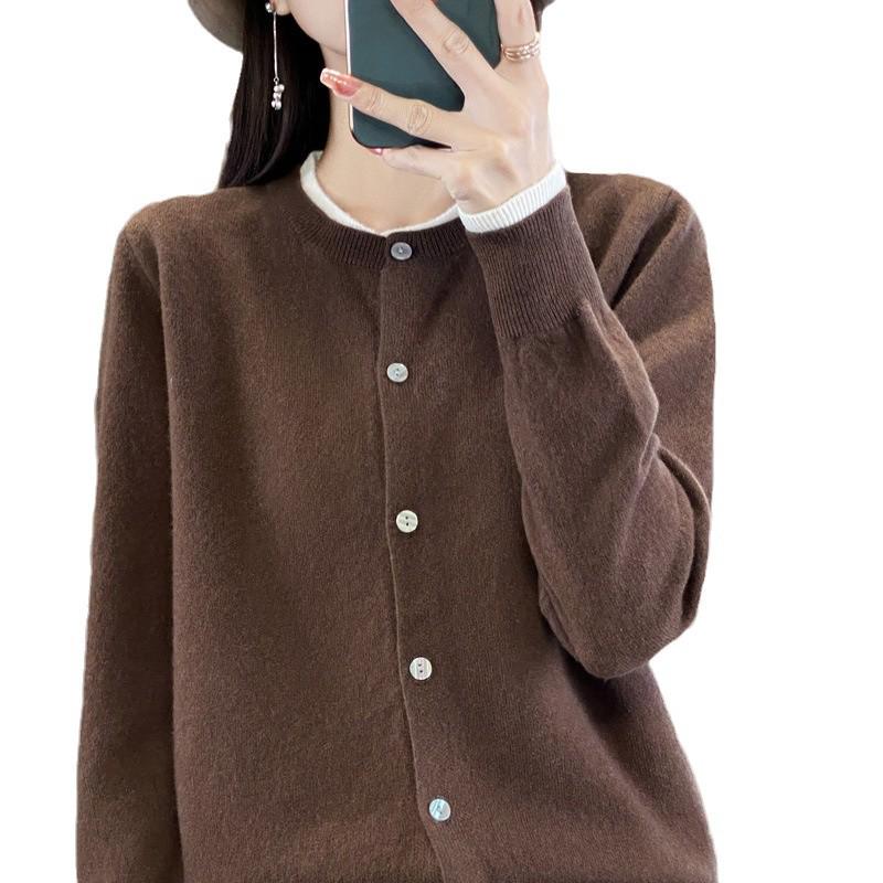 Women's Color Block Wool Cardigan - Round Neck, Loose Fit, Fake Two-Piece Knit Sweater for Spring & Autumn 2024
