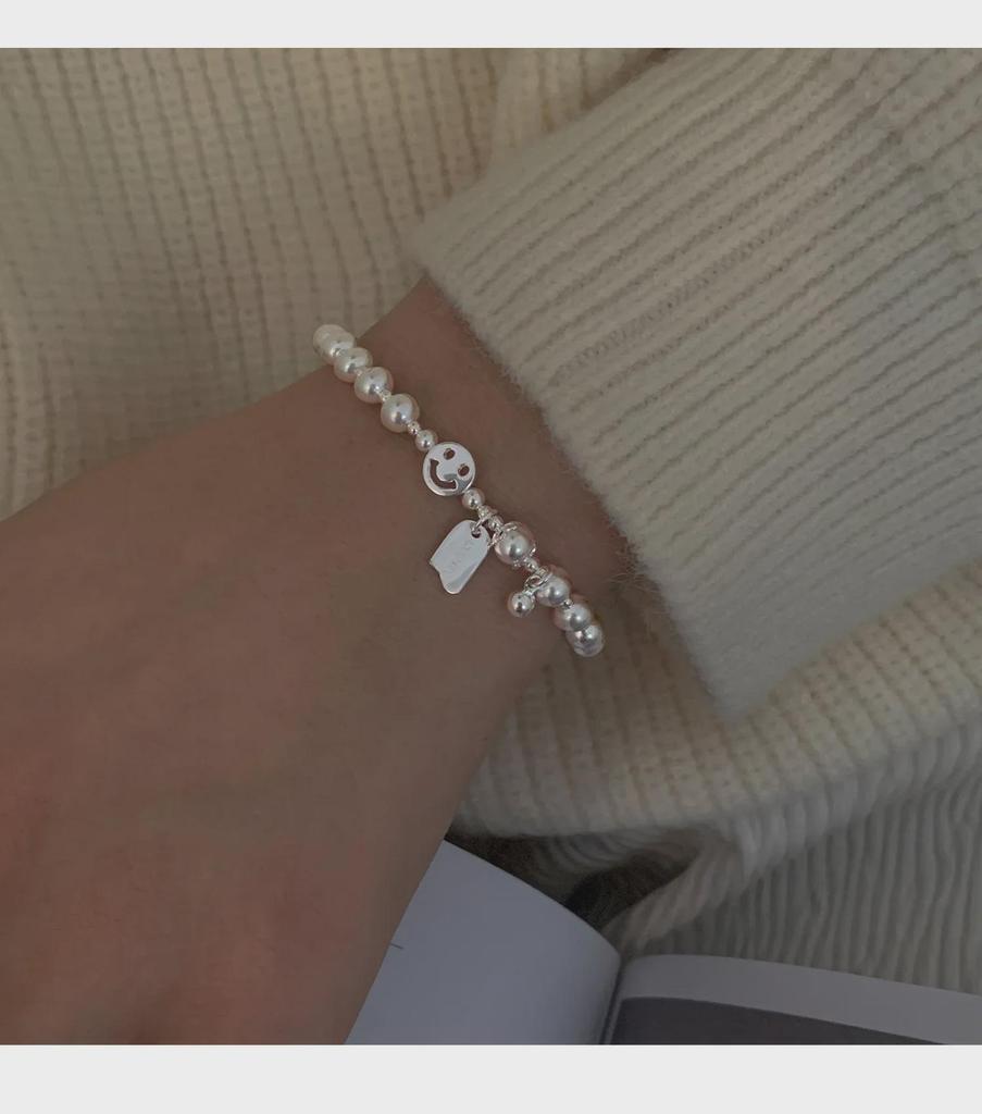 Koreańska srebrna bransoletka S925 z uśmiechnięą buźką: Koralik Retro, Kwadratowa Zawieszka, Symbol Szczęścia