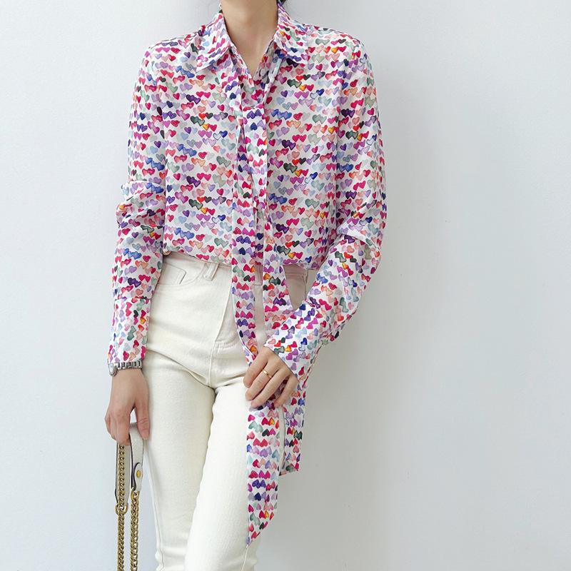 Clearance Women's Silk Long-Sleeve Shirt with Colorful Heart Print & Removable Bow