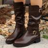 Fashion Pleated Buckle Strap Knight Boots Women Autumn Winter Brown PU Leather Mid Calf Boots Woman Zipper Thick Heel Riding Botas Mujer