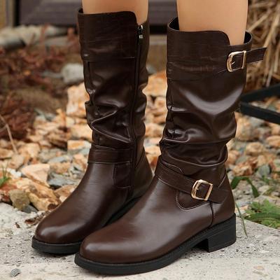 Mode Plissiert Schnallenriemen Ritterstiefel Damen Herbst Winter Braun PU Leder Mid-Calf Stiefel Frau Reißverschluss Dicker Absatz Reitstiefel Damen
