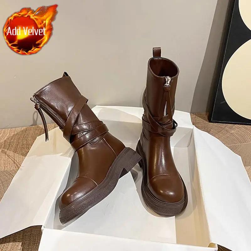 

Модные Теплые С Круглым Носком Осенне-Зимние Женские Ботинки До Середины Икры из ПУ в Наличии Мода Гяру 2025 Шикарные и Элегантные Горячие Женские Полусапожки 40