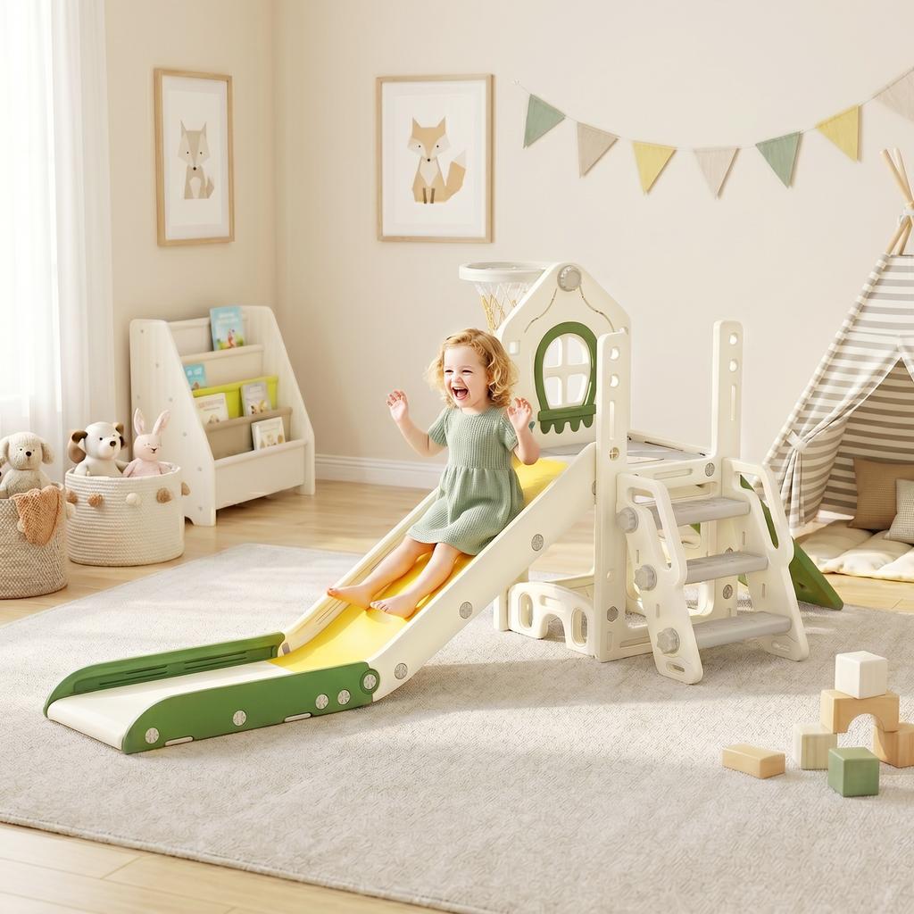 Foldable 4 in 1 Toddler Slide with Climber, Basketball Hoop, Storage Space and Basketball for Ages 1-3 Years, Cream