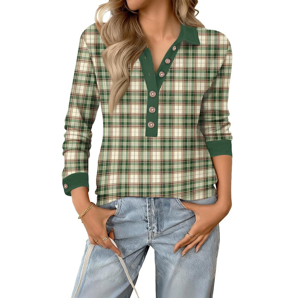 Women's Retro Street Lazy V,neck Long Sleeve Button Plaid Print Pullover Top