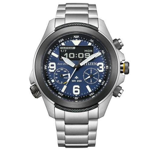 

Citizen Promaster Solar-Powered Eco-Drive Waterproof LAND Series Analog-Digi Navy Watch JV1006-51L Men s Silver