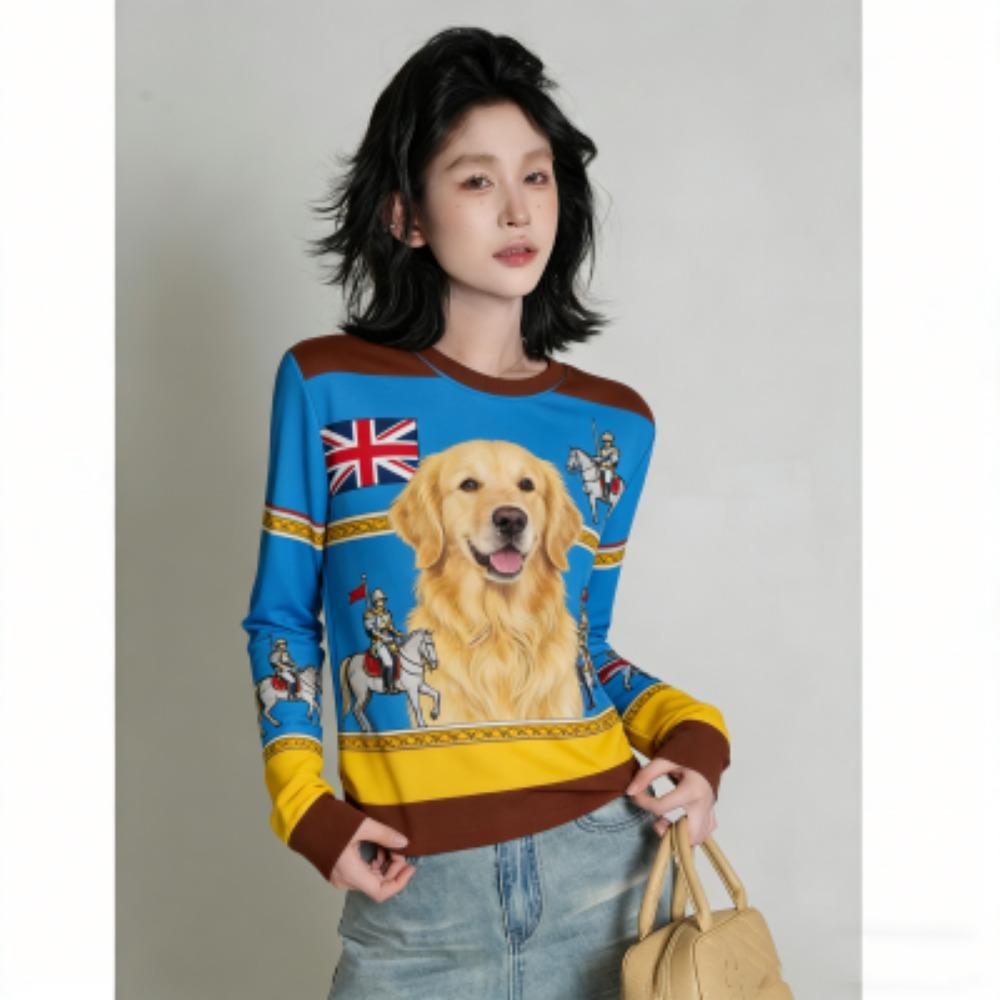 Spring Fashion Animal Dog Print Women's T-shirt Europe America Casual Pullover Women Long Sleeve Clothing Outdoor Street Tees Top