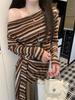 Chic Off-Shoulder Striped Tie-Up Asymmetrical Long-Sleeve T-Shirt for Women