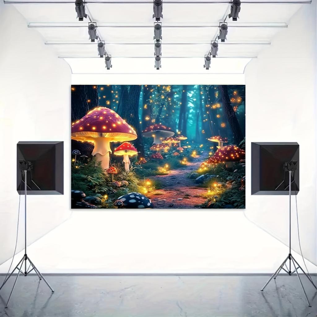 Tło płaskie 2D - Wzorzyste tło fotograficzne z motywem marzycielskiego lasu i grzybów, Wielofunkcyjny baner do dekoracji domu