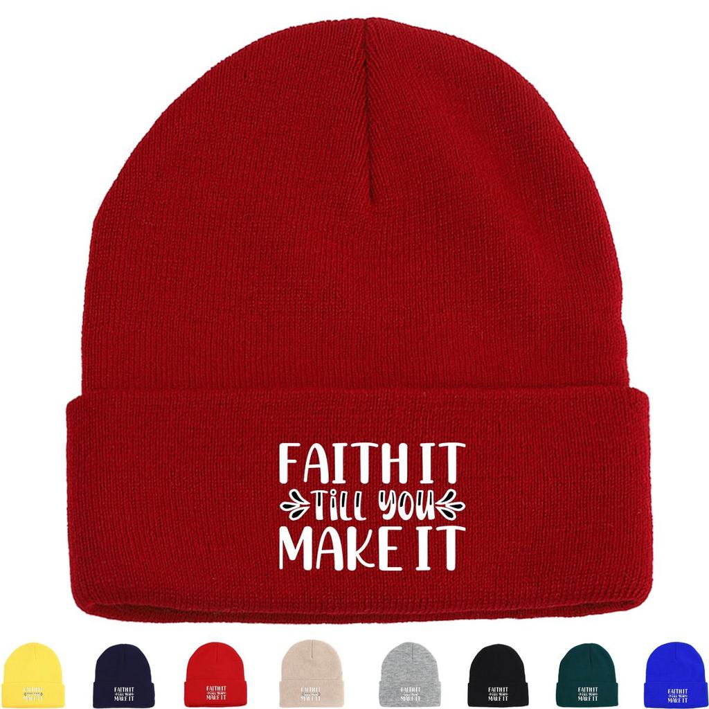 FAITH IT TILL YOU MAKE IT" Print Knitted Cap Beanie, Skullies Beanies Stretchy Versatile Stylish Bobble Hat Knit Hat Beanie