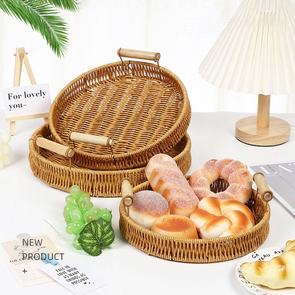 1Pcs Breakfast Bread Food Storage Tray Round Shape Plastic Rattan Threads Basket