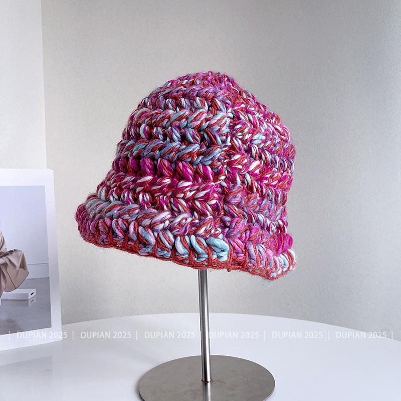 Autumn Winter New Dopamine Color Coarse Wool Knitted Bucket Hat Women'S Warm And Versatile Big Display Washbasin Hat