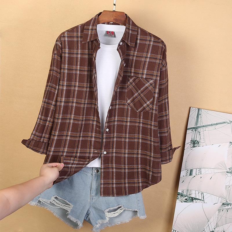 2025 Women's Korean Style Long Sleeve Plaid Cotton Shirt Jacket