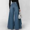 Women Pants High Waist Buttons Zipper Closure Denim Pants with Pockets Irregular Large Hem Wide Leg Solid Color Casual