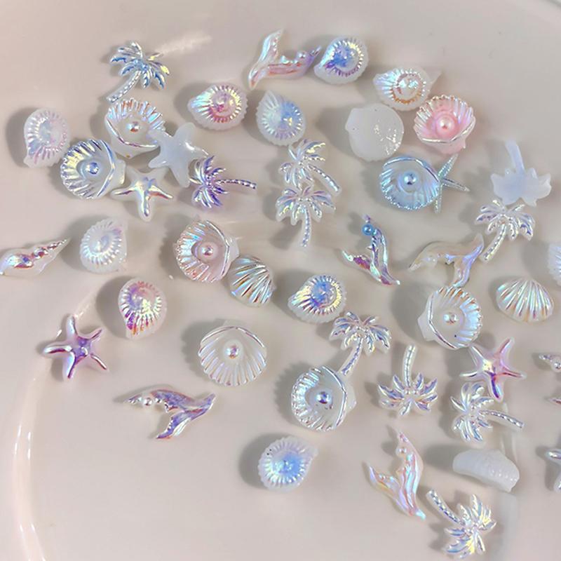 50Pcs Ocean Nail Art Charms Aurora Shell Starfish Mermaid Tail Nail Art Decors Gem Beach  Ice Clear Nail Decorations