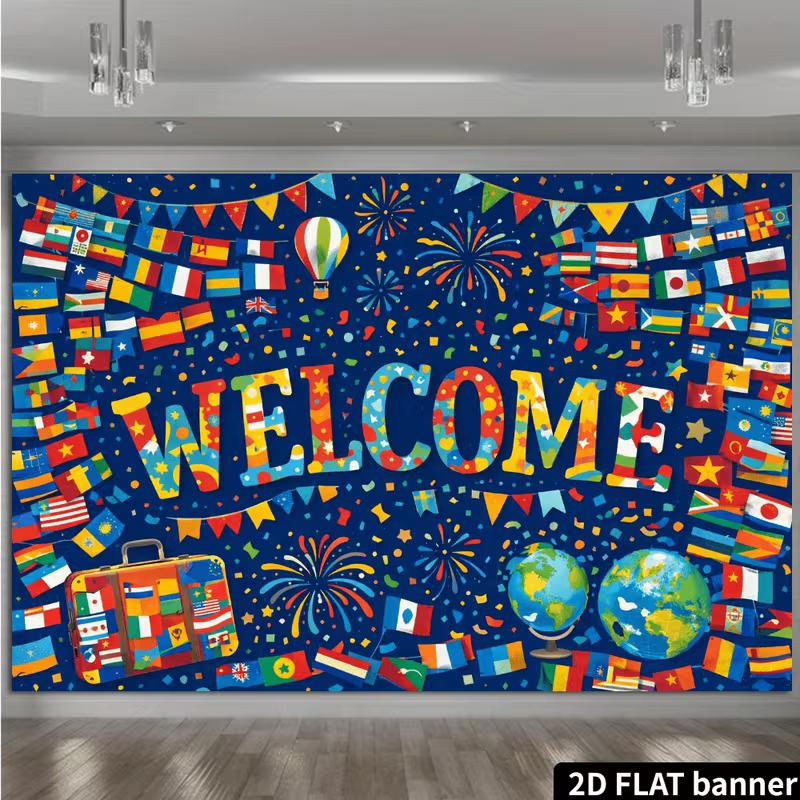 2D World Flags Welcome Backdrop with Globe and Travel Suitcase Design
