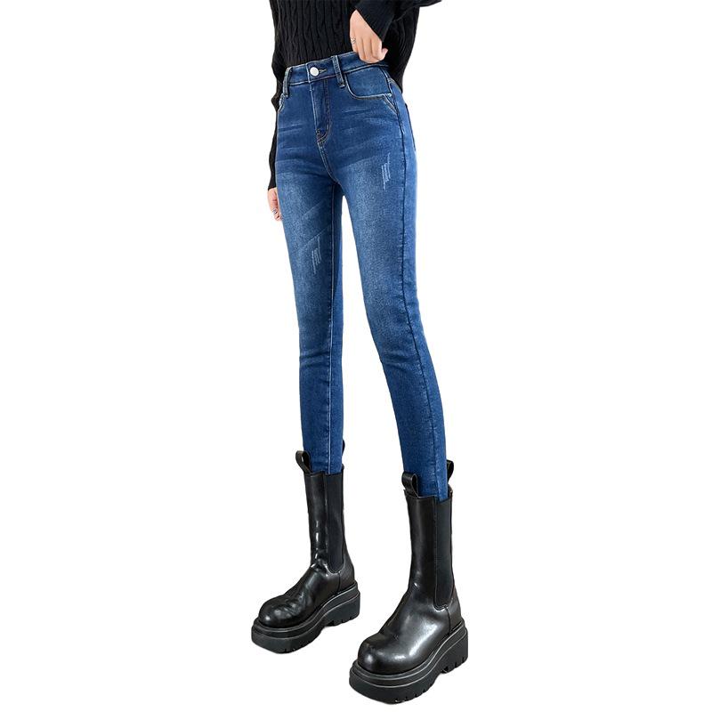 Women's High-Waist Skinny Jeans with Plus Velvet, Slim Fit, Elastic, Thickened Pencil Pants - 2023 Autumn/Winter Style.