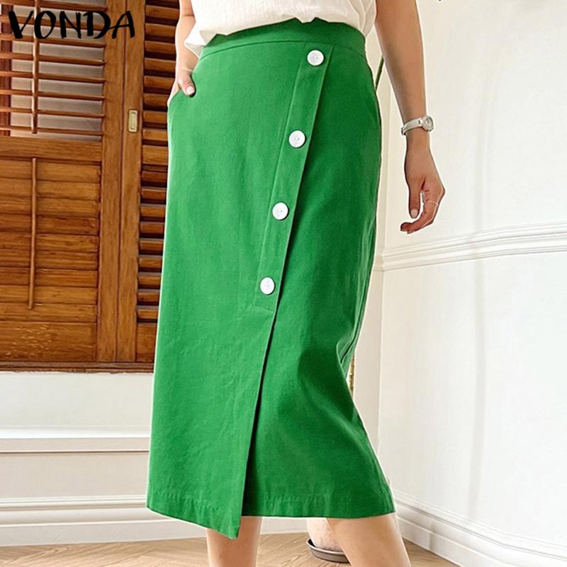 

VONDA Лето-Весна однотонные длинные юбки с разрезом на пуговицах