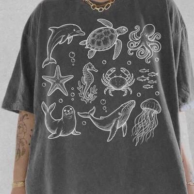 Meerestiere 90er Vintage Stil T-Shirt, Retro Y2k Ozean Shirt