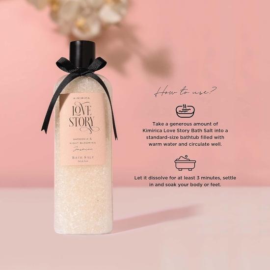 Kimirica Love Story Badesalz für Körper-Spa, Entspannung und Schmerzlinderung, 100 % vegan, Güte von weißem Tee, Ginko Biloba und Aloe Vera, 290 Gramm