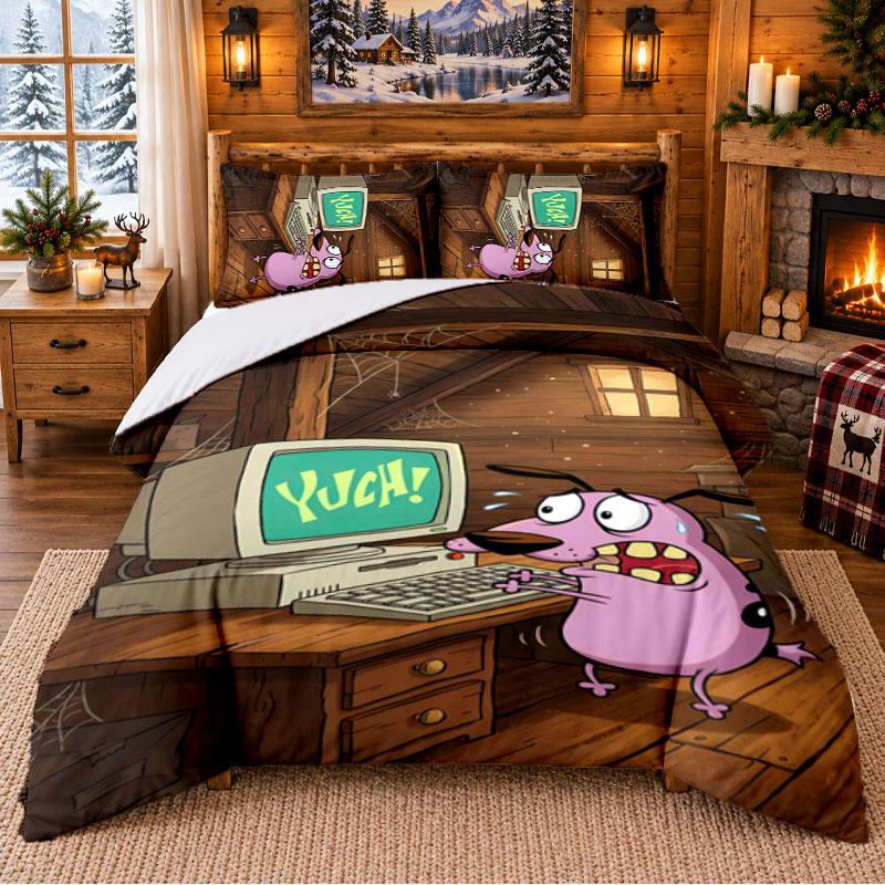 Courage the Cowardly Dog Pattern Bedding 3Pcs Set Bed Sheet And Pillowcases For Indoor Bedroom