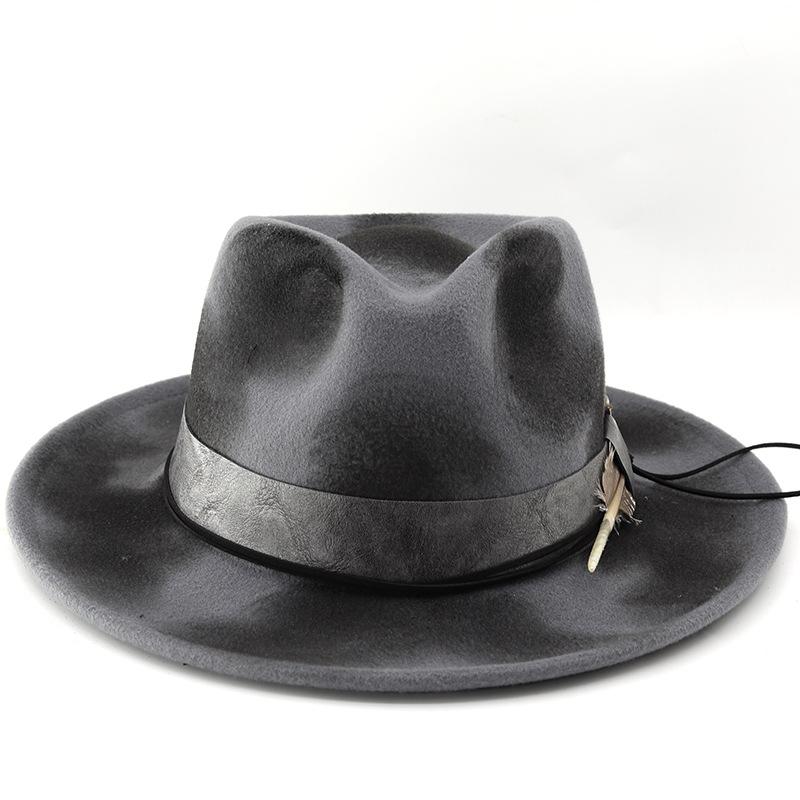 Herren- und Damen-Alte Retro-Stil Schafwollfilzhut Federn Dekorative Wollzylinderhut Britischer Tropfenform Zylinderhut