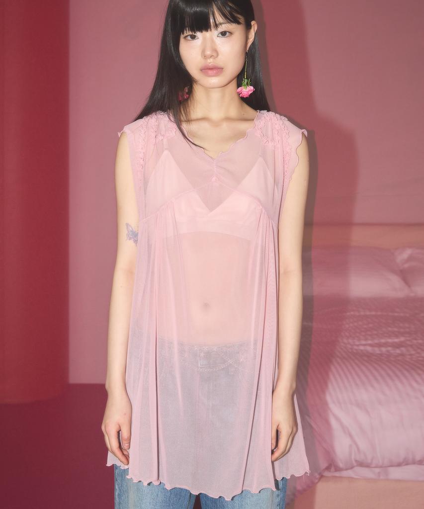 NOFFICIALNOFFICE Sheer Mesh Ribbon Dress Peach