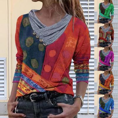 Ladies Casual Loose Vintage Print V-Neck Pullover Fake Collar Bottoming Shirt