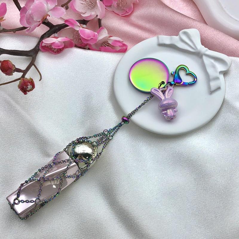 Custom Ins Colorful Stainless Steel Keychain Portable Lipstick Mesh Pocket Keyring Portable Folding Ladies Key Chain Ring Gift