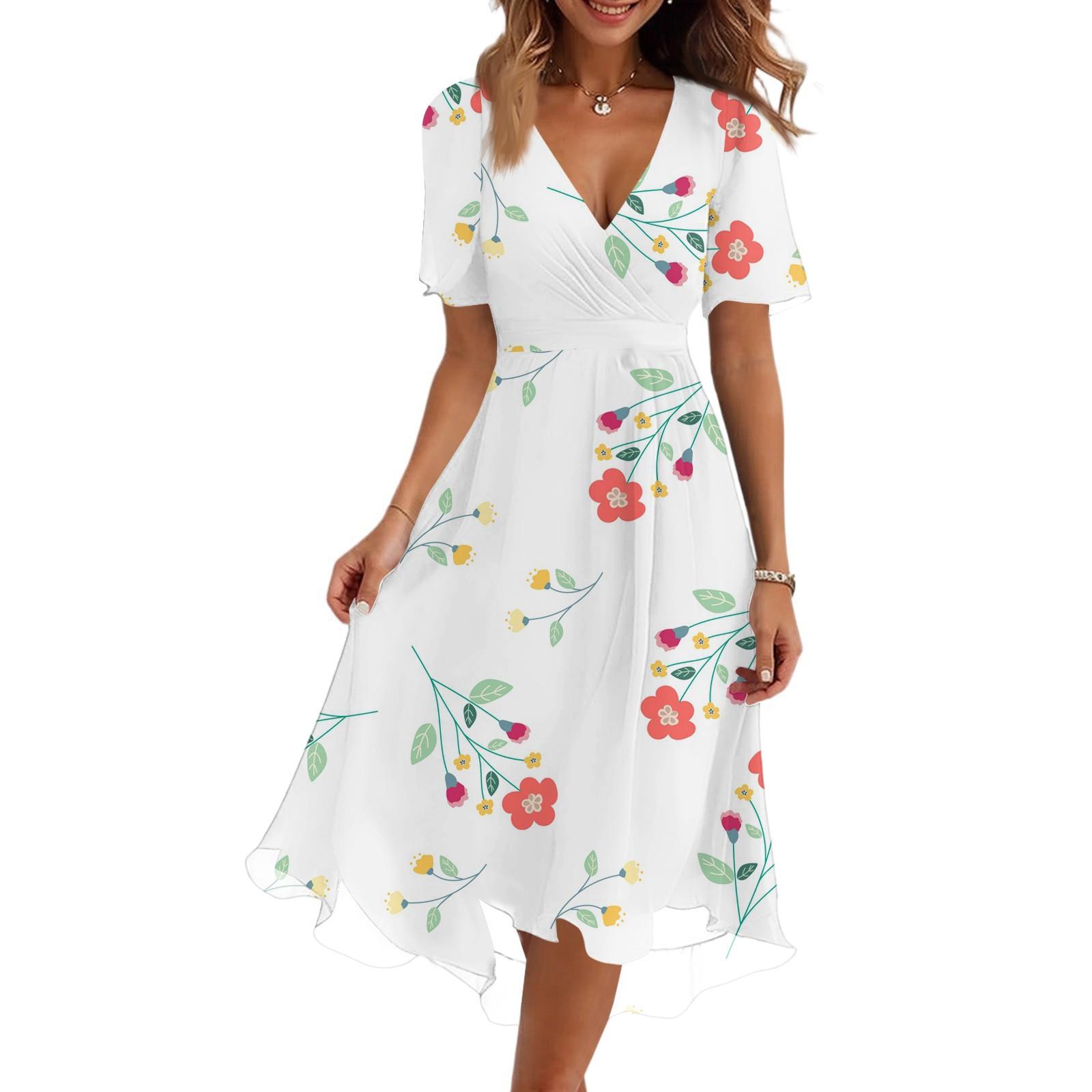 

Женское модное повседневное платье с V-образным вырезом, короткими рукавами и цветочным принтом XL