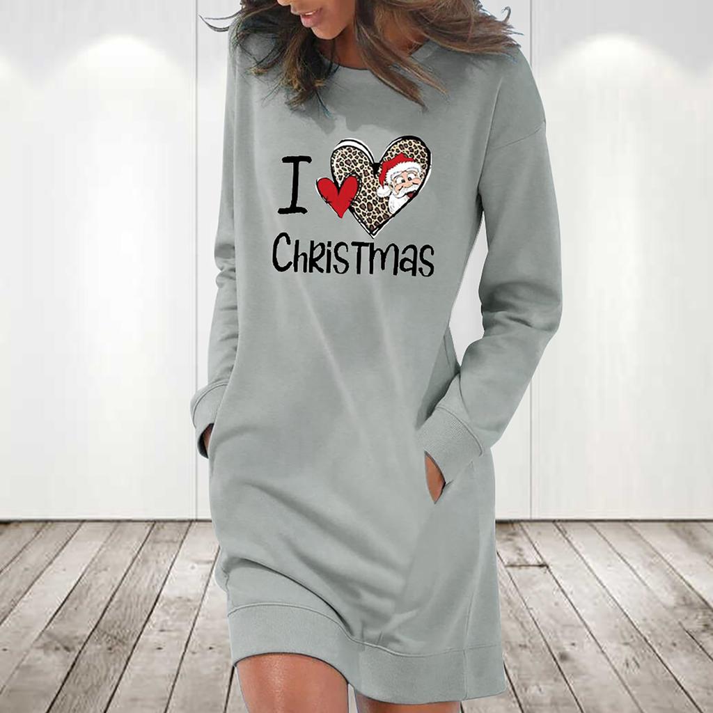 Women's Casual Solid Color Long Sleeve Round Neck Pocket Dress Merry Christmas