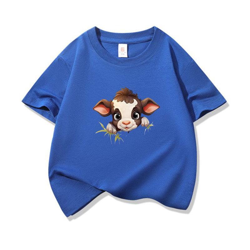 Kids Cotton T Shirt Brown Baby Cow Peeking Over Grass Print Crew Neck Short Sleeve Tee Casual Boys Girls Summer Tops