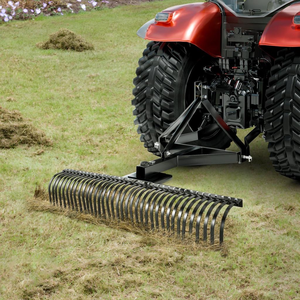 Tow Behind Dethatcher, 183 cm Tow Dethatcher with 36 Steel Tines, 3-Point Lawn Dethatchers Rake with Attachments for Tractor, Landscape Rake for