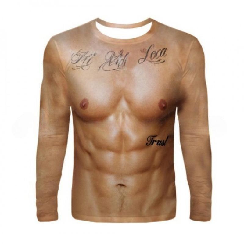 Spring and Autumn Round Neck 3D Muscle Printed Top Fashionable Casual Long Sleeved Men's T-shirts