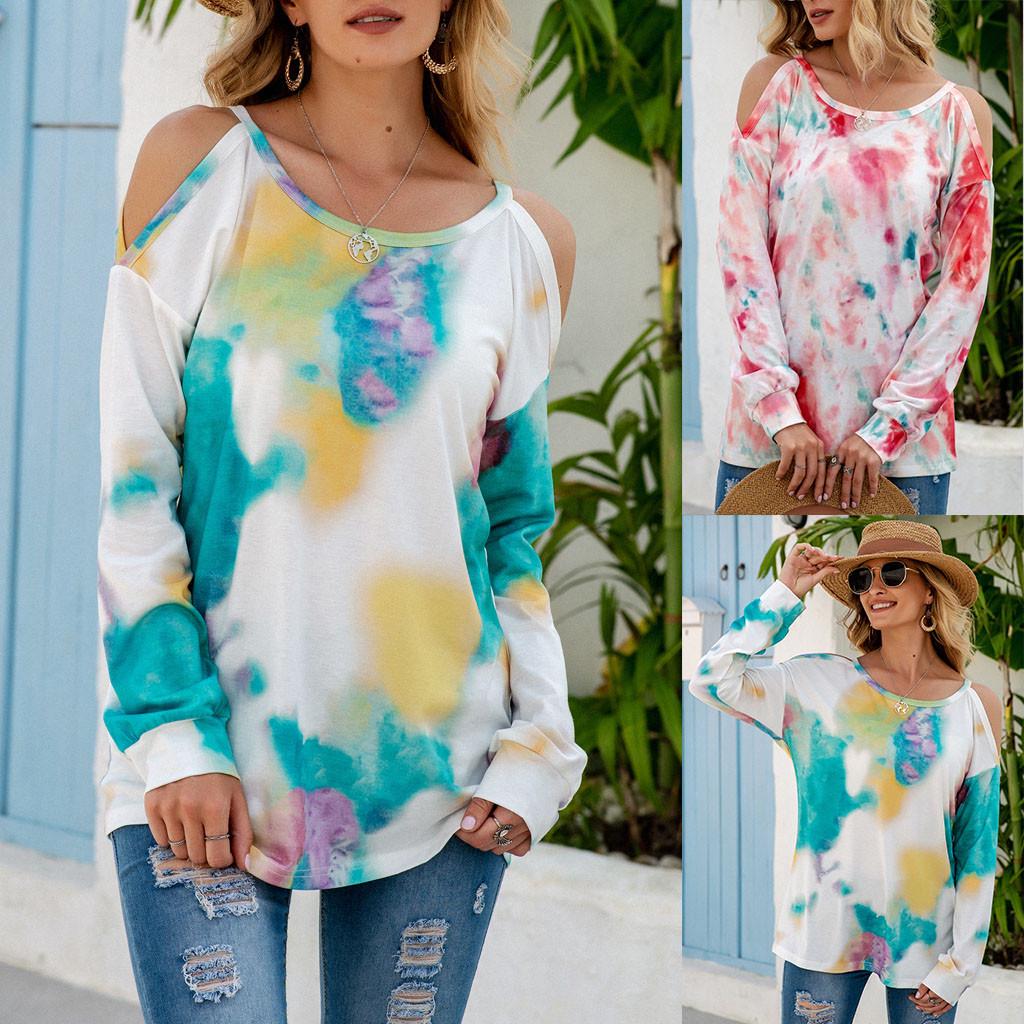 

Women Fashion strapless Tie-DyeT Shirt Patchwork Long Sleeve T-shirt Tops