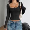 Spicy Girl Solid Color Square Neck Slimming Long Sleeve Top