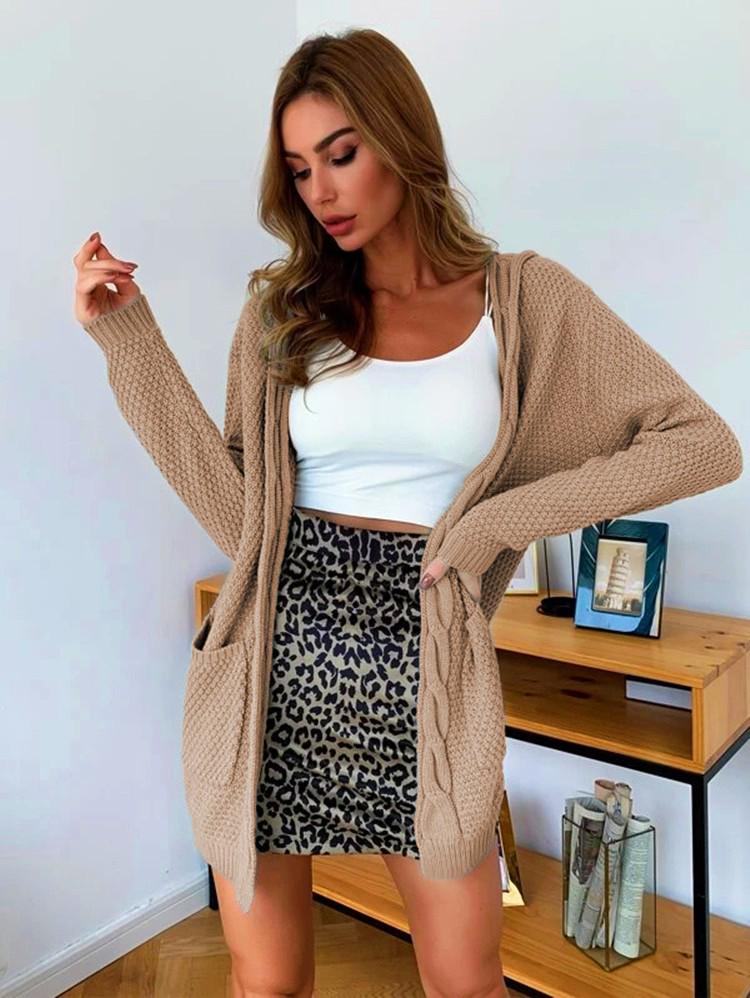 Damen Casual Kapuzen-Cardigan-Pullover - Mittellang, Grobstrick, Winter 2025